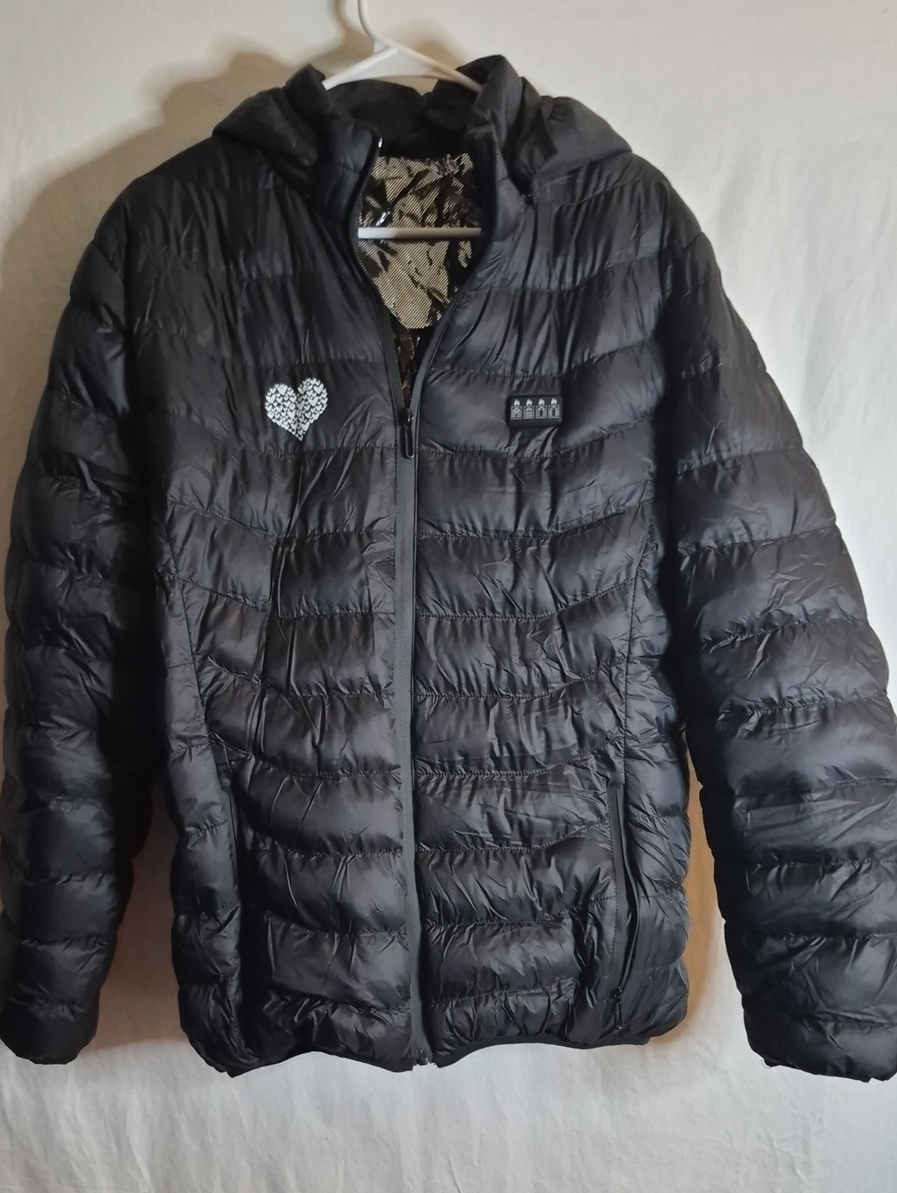 Black Hooded Puffer Jacket with Heart Accent heated but may not work